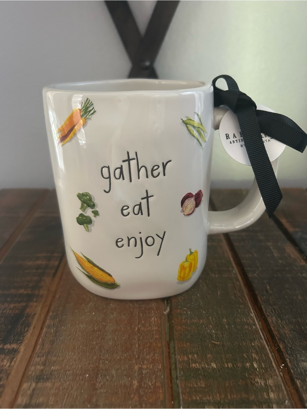 Rae Dunn Gather Eat Enjoy Mug Corn Carrot Onion Vegetable Tomato Harvest NEW